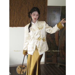 山卿也Yamakawa「自有仙风」新中式醋酸竹子刺绣香槟色西装外套