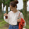韩国chic秋季法式气质木，耳边圆领宽松休闲纯色泡泡袖衬衫上衣女