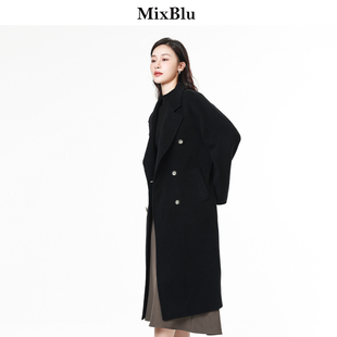 Mixblu黑色西装领毛呢外套女高级感2023秋冬双排扣英伦风大衣