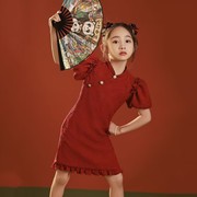 湖州织里童装女童旗袍夏装，复古公主裙中国风，红色儿童连衣裙夏