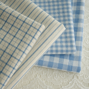 popohouse复古蓝麻色格子条纹，色织棉布料日式zakka桌布，连衣裙包袋