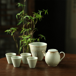 粗陶志野茶壶景德镇纯手工陶瓷整套茶具，复古白色软水四杯泡茶套装