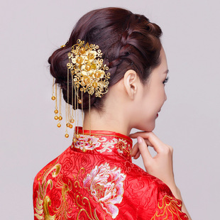中式古装旗袍头饰金色发梳串珠流苏，发饰品结婚秀禾礼服凤冠配饰品