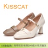 kisscat接吻猫2024春款粗跟一字带羊皮玛丽珍女鞋，单鞋高跟鞋