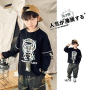 日系男童潮牌猿猴假两件t恤长袖中大儿童，套装春秋季宽松黑色上衣