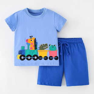 男童蓝色短袖t恤小汽车，休闲短裤子2件套，儿童纯棉夏季套装宝宝半袖