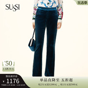 SUSSI/古色商场同款湖蓝色侧边撞条通勤风丝绒直筒长裤女