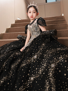 儿童礼服公主裙高端轻奢小众主持人走秀装女童钢琴演奏演出服黑色