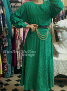 春夏装复古古着vintage祖母绿色纯色宫廷风图案百褶长款连衣裙
