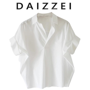 DAIZZEI~2023夏季时尚质白色宽松蝙蝠袖Polo领套头衬衫女上衣