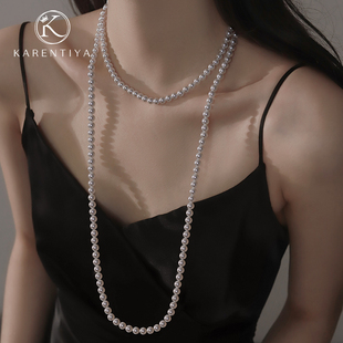 珍珠项链女长款小众轻奢正圆强珠光，施家水晶毛衣链多层多种叠戴法