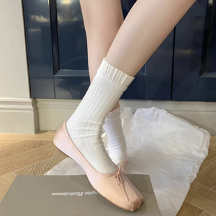 春季薄款花边白色短袜子女芭蕾风小腿袜黑色中筒袜少女纯欲堆堆袜