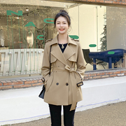 韩版春秋英伦风时尚西装领肩章双排扣系带，收腰小个子时髦风衣