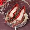 红色婚鞋新娘鞋秀禾婚纱，两穿2024年细跟法式3cm低跟高跟鞋女