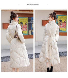毛线拼接针织围巾领羽绒服，女冬装气质，轻薄韩版宽松保暖长外套