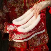 红色中式秀禾鞋婚鞋女冬季加绒高跟新娘鞋冬天古风汉服红鞋子增高