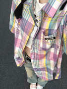 韩系艺术生多巴胺衬衣女，夏季学院风，设计感彩虹格子中长款衬衫