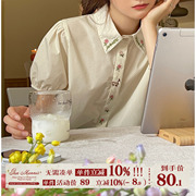 jmwomen米白色刺绣碎花泡泡袖短袖衬衫女夏季薄款日系复古上衣