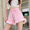 粉色牛仔短裤夏季韩版女款小个子外穿薄款设计感炸街流苏毛边热裤