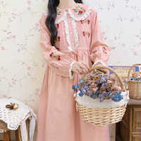 日系复古法式花园玫瑰绣花春季连衣裙收腰少女，粉色长裙百搭森女
