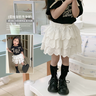 女童短裙白色半身裙裤2024夏装，韩版时髦儿童，蕾丝花边蛋糕裙子