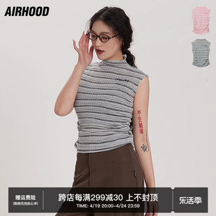 airhood2024年夏季半高领，无袖t恤条纹，修身韩版背心辣妹上衣