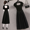 微胖女生穿搭夏季大码设计感方领黑色短袖显瘦连衣裙长裙