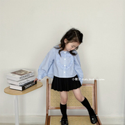 女童爱心竖条纹衬衣2024春季韩版女孩甜美风蓝色长袖棉质衬衫