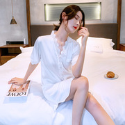 夏季性感丝绸睡衣睡裙女开衫蕾丝纯色短袖冰丝居家休闲韩版家居服