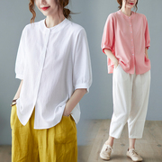 棉麻立领衬衫衬衣女士2023夏季亚(夏季亚)麻麻料，纯色单排扣子短袖上衣