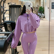 健身外套女速干外穿瑜伽长袖宽松跑步紫色训练运动卫衣短上衣