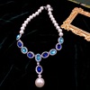 欧美珍珠蓝色宝石钻，项链女轻奢小众，百搭锁骨链常规毛衣链