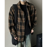 vintage美式咖黑色格子衬衫，男春秋高级感翻领衬衣长袖巴洛克外套