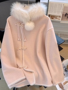 新中式毛呢外套女秋冬季法式小香风温柔国风盘扣粉色毛领呢子大衣