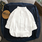 夏季短袖衬衫男士外套韩版潮流棉麻七分袖立领上衣纯色白衬衣