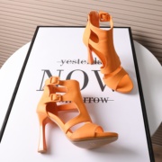 橙色高跟时装凉鞋女2024夏季性感皮带扣后拉链镂空细跟鱼嘴鞋