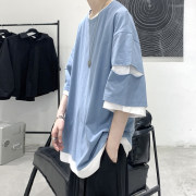 天蓝色设计感拼接假两件短袖t恤男夏季ins潮流oversize五分袖上衣
