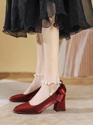 法式婚鞋新娘高跟鞋女2023婚纱配裙子伴娘鞋日常可穿粗跟单鞋
