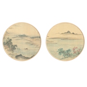 网红壁画客厅水墨山水花鸟背景，新中式玄关装饰画圆形实木挂画餐厅