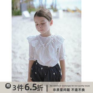 史豌豆(史豌豆)女童白色，镂空绣花娃娃衫，2023夏季儿童甜美洋气短袖上衣