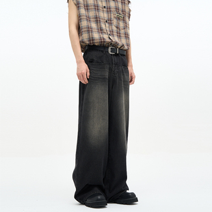 尾郎的店美式复古阔腿牛仔裤，男小众设计感高级感痞帅炸街裤子情侣