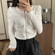 韩版白色圆领拉链泡泡长袖，开衫女秋季小个子修身显瘦短款上衣