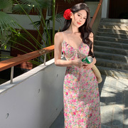 法式浪漫v领碎花长裙泰国三亚旅游拍照吊带裙海边度假蕾丝连衣裙