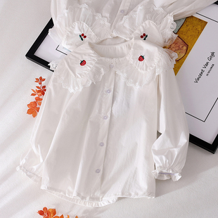女童衬衫春装2024童装儿童纯棉白衬衣(白衬衣，)女孩蕾丝娃娃领长袖上衣