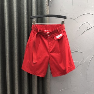 欧洲站红色休闲工装五分裤，女夏高腰宽松休闲显瘦洋气阔腿牛仔短裤