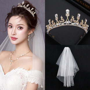 韩式新娘头饰结婚头纱，发饰项链耳环，三件套超仙婚礼女生日王冠