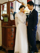复古长袖旅拍婚礼写真古董民国风蕾丝轻婚纱晚礼服新娘法式出门纱