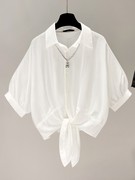 白色短袖雪纺衬衫女士夏季设计感系带收腰衬衣，开衫宽松蝙蝠袖上衣