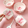 迪士尼草莓熊水杯(熊水杯)餐具，彩盒系列粉色，少女心水杯花边碗手柄碗勺子