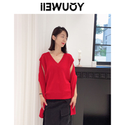 iiewuoy有尾设计师品牌红色圣诞，新年老钱假两件套头，长袖毛衣女(毛衣女)